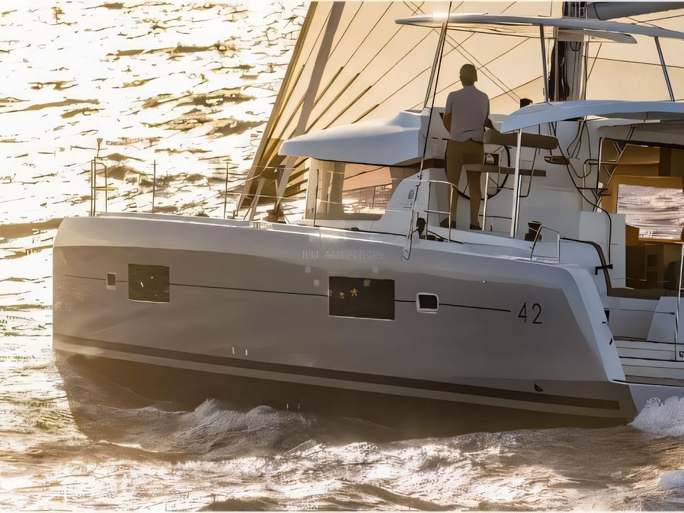 Exterior overview of Lagoon 42 catamaran for charter from Kastela Gomilica Marina in the Sibenik sailing area Croatia