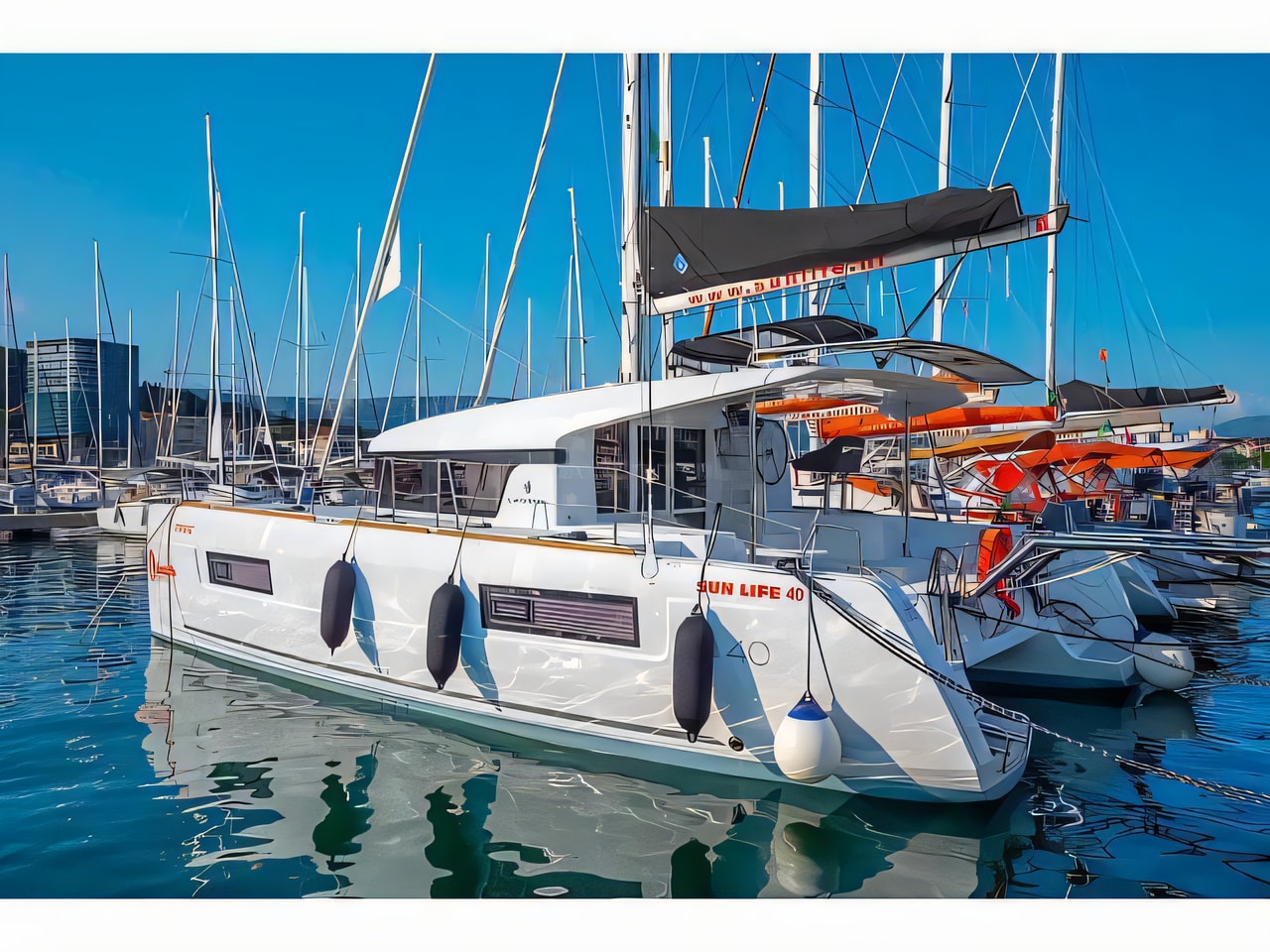 Exterior overview of Lagoon 40 catamaran for charter from Split ACI Marina in the Split sailing area Croatia