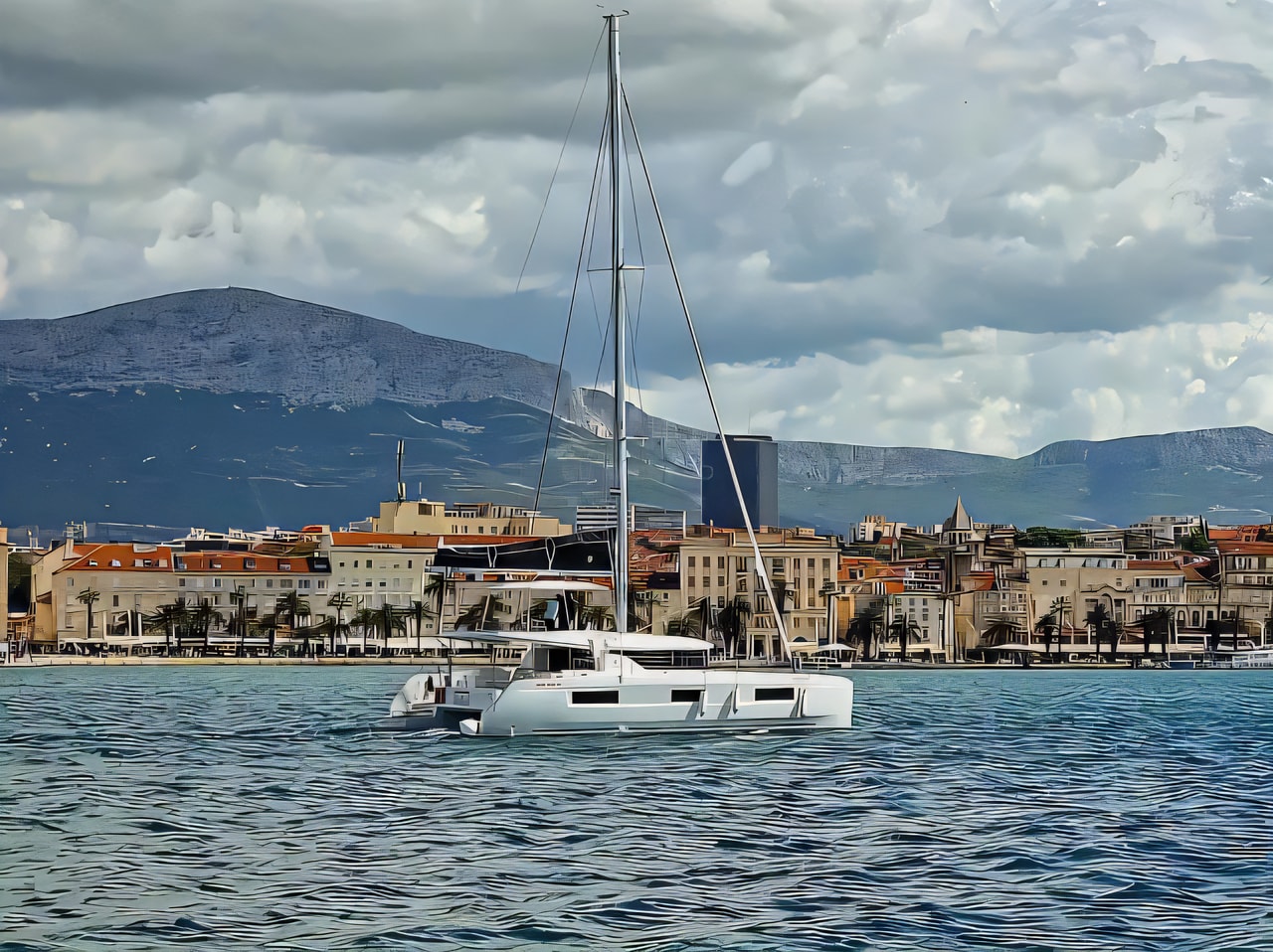 Exterior overview of Lagoon 46 catamaran for charter from Split ACI Marina in the Split sailing area Croatia