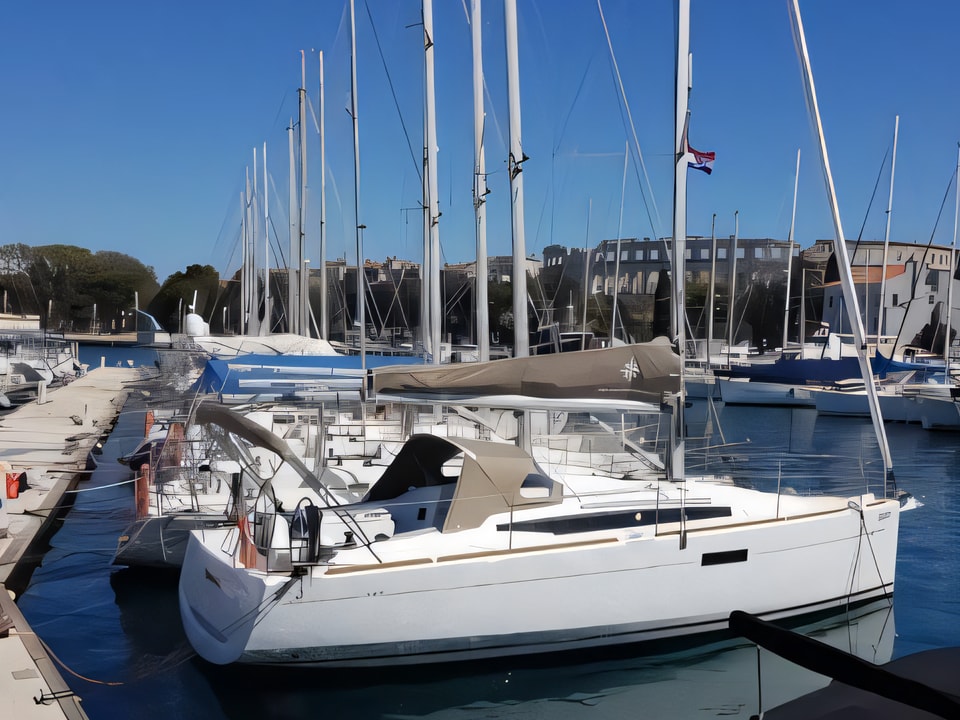 Exterior overview of Sun Odyssey 349 sail boat for charter from Pula ACI Marina in the Istria / Kvarner sailing area Croatia