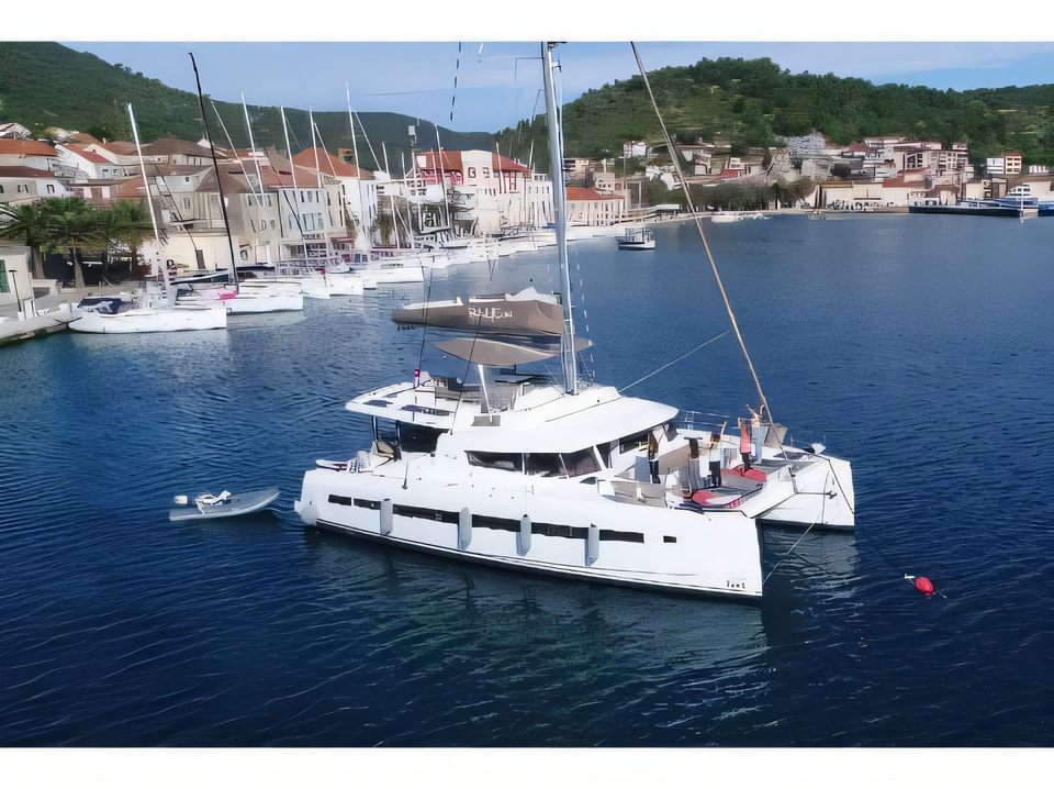 Exterior overview of Bali 5.4. catamaran for charter from Kastela Gomilica Marina in the Sibenik sailing area Croatia