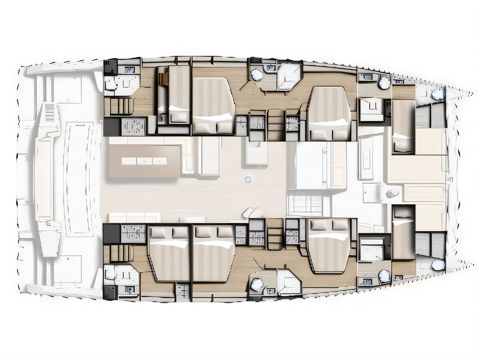 Layout of Bali 5.4. catamaran with 6 cabins Croatia yacht charter