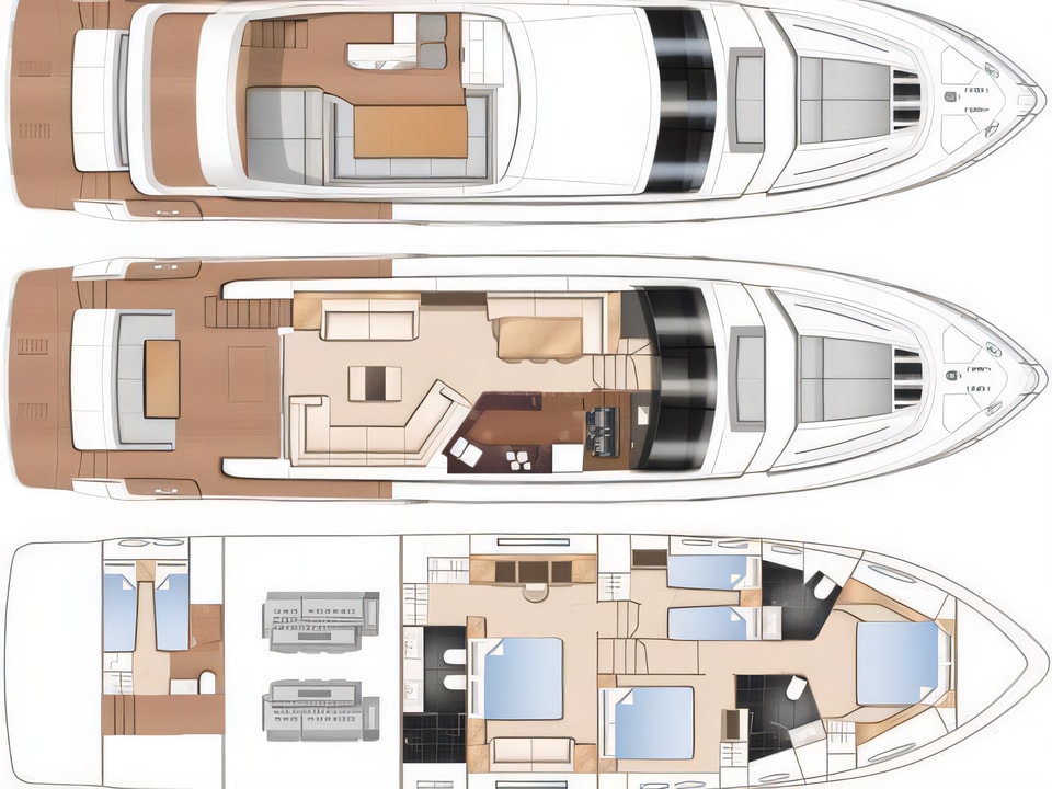 Layout of Princess 72 Fly motoryacht with 5 cabins Croatia yacht charter