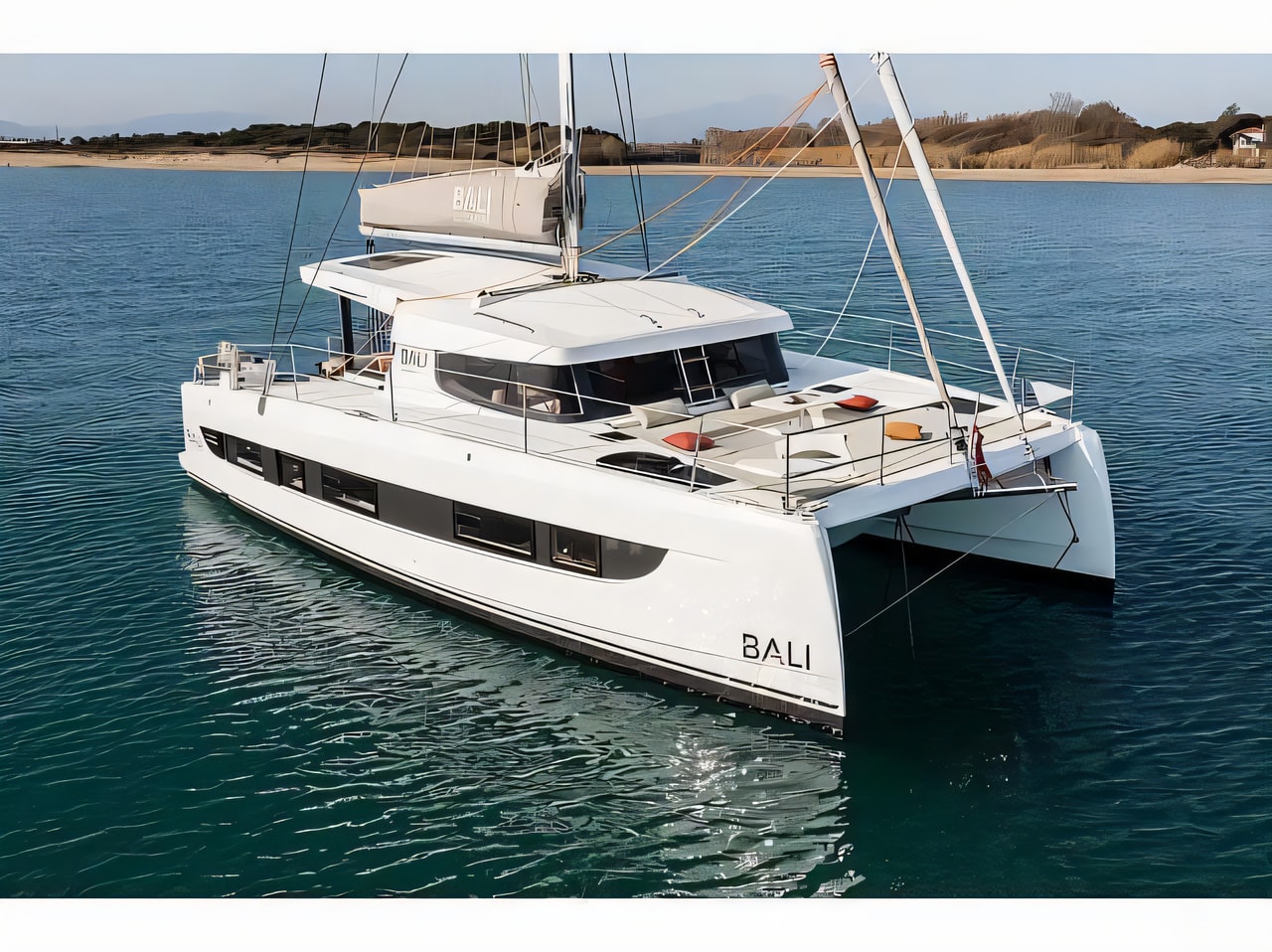 Exterior overview of Bali Catsmart catamaran for charter from Pula Tehnomont Marina Veruda in the Istria / Kvarner sailing area Croatia