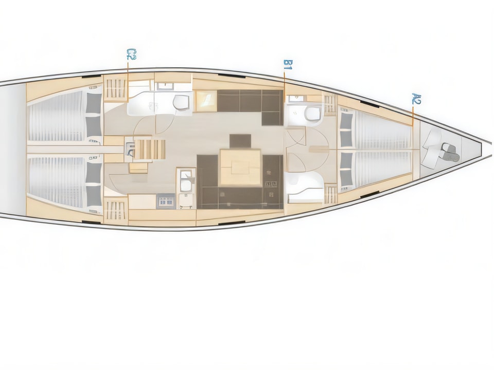 Layout of Hanse 458 sail boat with 4 cabins Croatia yacht charter