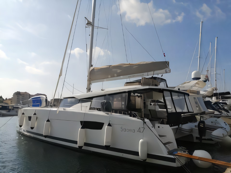 Exterior overview of Saona 47 catamaran for charter from Biograd Kornati in the Zadar sailing area Croatia