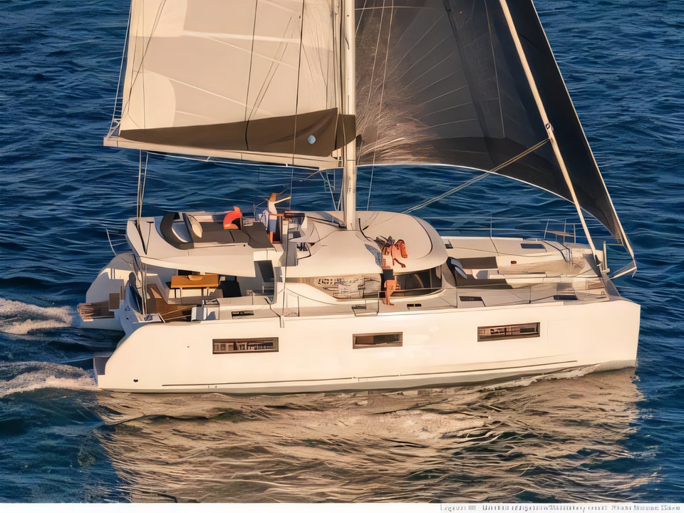 Exterior overview of Lagoon 46 equipped with generator, A / C (saloon+cabins), ice maker, microwave oven, dishwasher catamaran for charter from Split Marina Mornar in the Split sailing area Croatia
