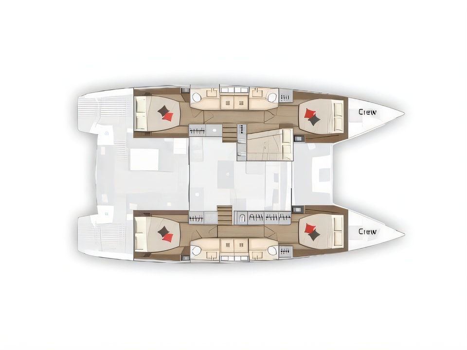 Layout of Lagoon 50 LUX equipped with airconditioning (saloon + cabins), generator, watermaker, ice maker, dishwasher, washer / dryer, 2 SUP catamaran with 4 cabins Croatia yacht charter