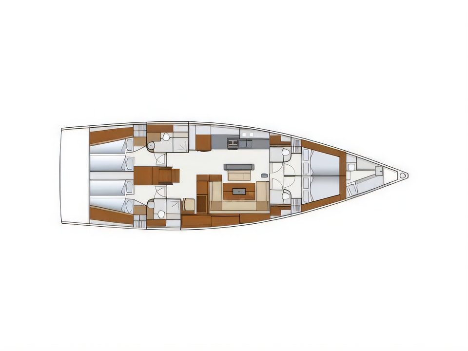 Layout of Hanse 575 sail boat with 4 cabins Croatia yacht charter