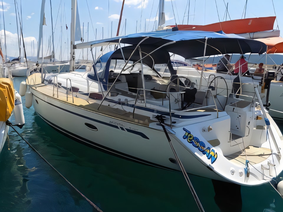 Exterior overview of Bavaria Cruiser 50 sail boat for charter from Kastela Gomilica Marina in the Sibenik sailing area Croatia