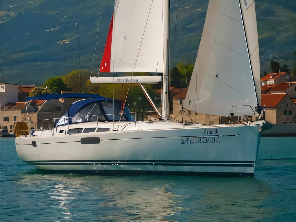 Exterior overview of Sun Odyssey 49i sail boat for charter from Kastela Gomilica Marina in the Sibenik sailing area Croatia