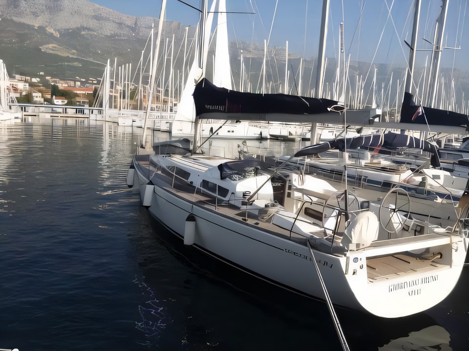 Exterior overview of Salona 44 sail boat for charter from Kastela Gomilica Marina in the Sibenik sailing area Croatia