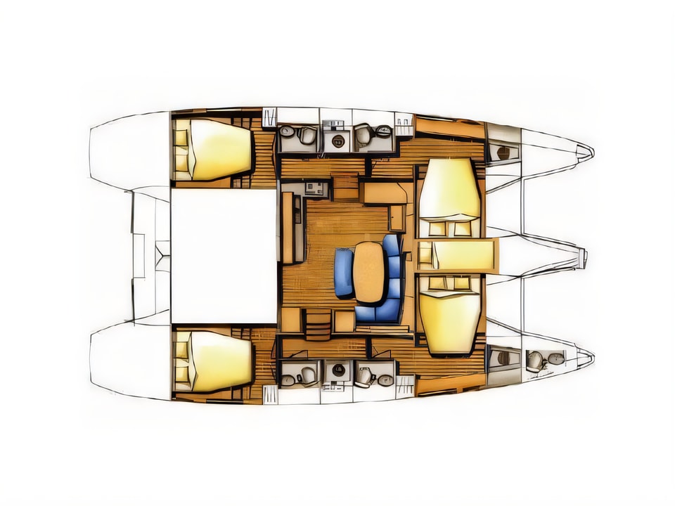 Layout of Lagoon 421 catamaran with 4 cabins Croatia yacht charter