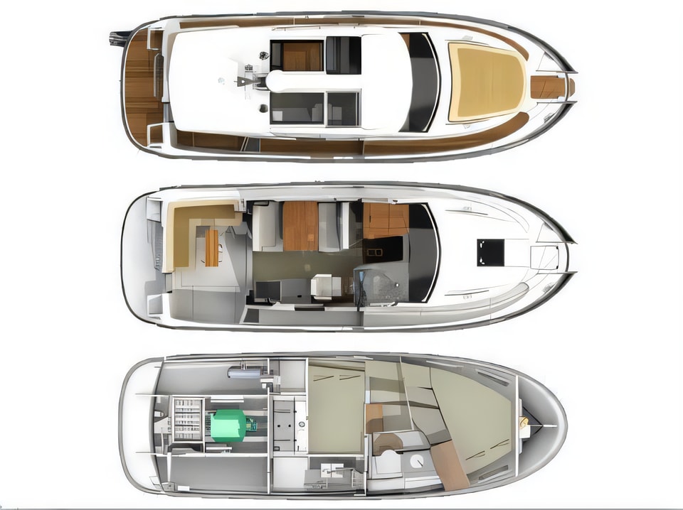 Layout of Nimbus 305 Coupe motor boat with 2 cabins Croatia yacht charter