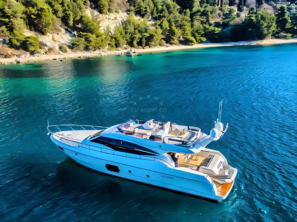 Exterior overview of Ferretti 620 motoryacht for charter from Kastela Gomilica Marina in the Sibenik sailing area Croatia