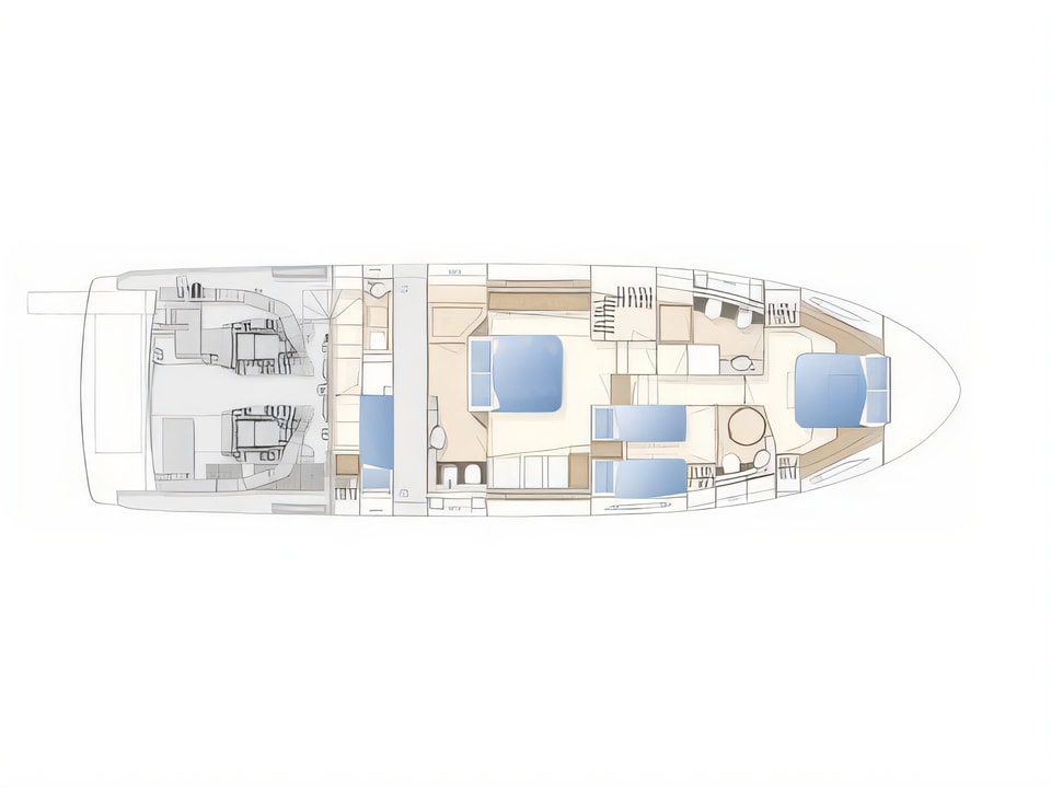 Layout of Ferretti 620 motoryacht with 3 cabins Croatia yacht charter