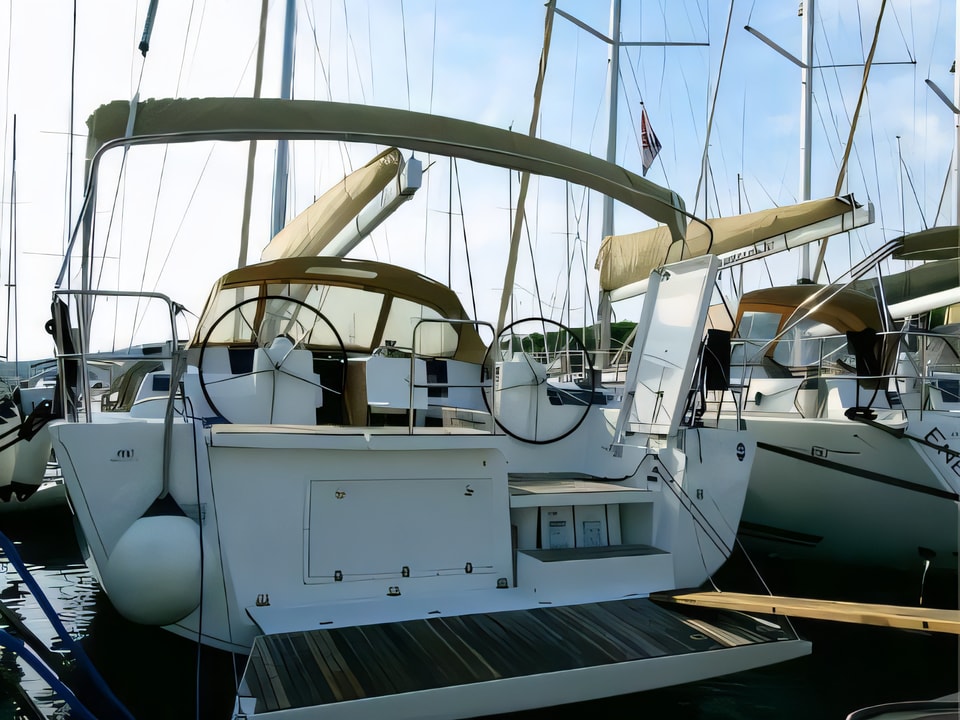 Exterior overview of Dufour 460 Grand Large sail boat for charter from Rogoznica Marina Frapa in the Sibenik sailing area Croatia