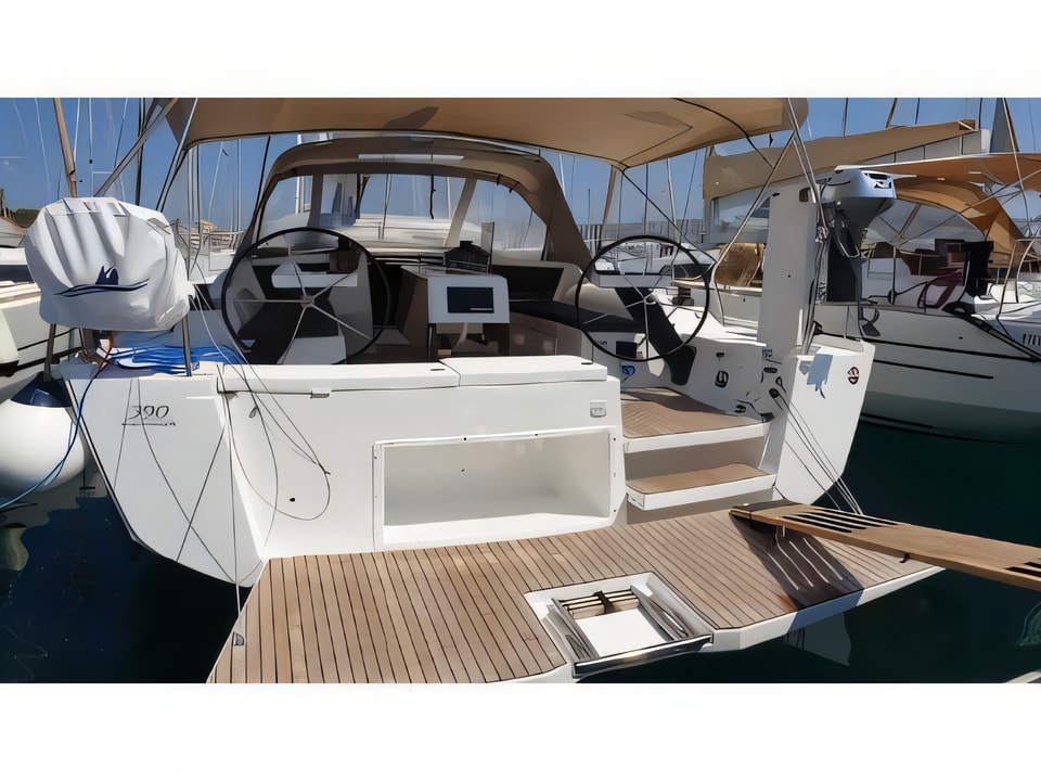 Exterior overview of Dufour 390 Grand Large sail boat for charter from Rogoznica Marina Frapa in the Sibenik sailing area Croatia