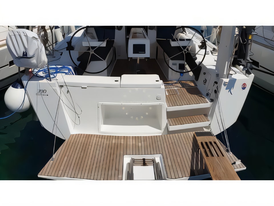 Exterior overview of Dufour 390 Grand Large sail boat for charter from Rogoznica Marina Frapa in the Sibenik sailing area Croatia