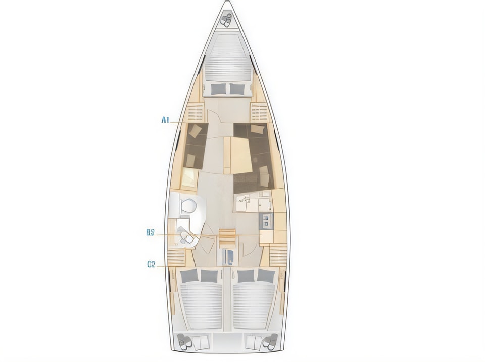 Layout of Hanse 388 sail boat with 3 cabins Croatia yacht charter