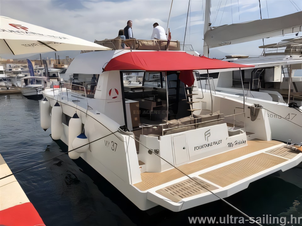 Exterior overview of MY 37 power catamaran for charter from Trogir ACI Marina in the Split sailing area Croatia