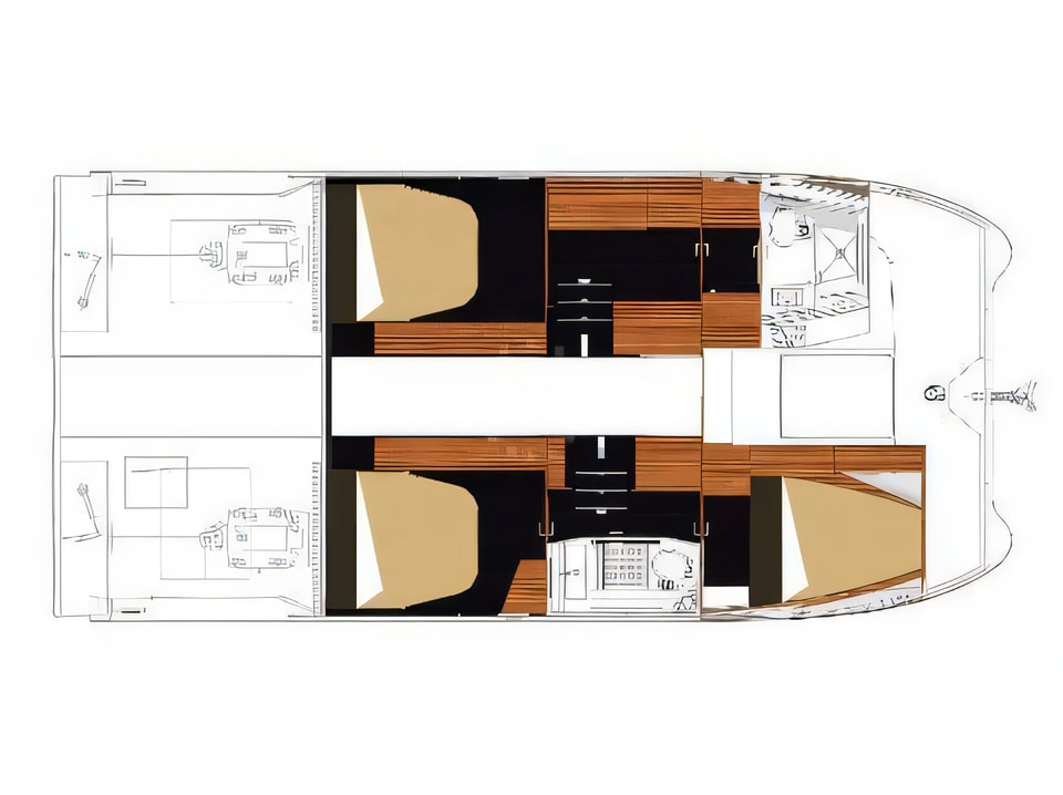 Layout of MY 37 power catamaran with 3 cabins Croatia yacht charter