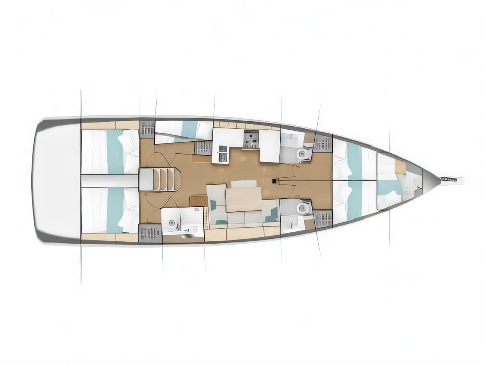Layout of Sun Odyssey 490 sail boat with 5 cabins Croatia yacht charter
