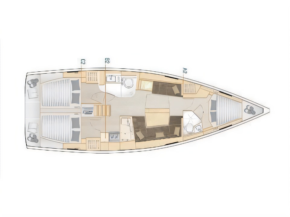 Layout of HANSE 418 BT sail boat with 3 cabins Croatia yacht charter