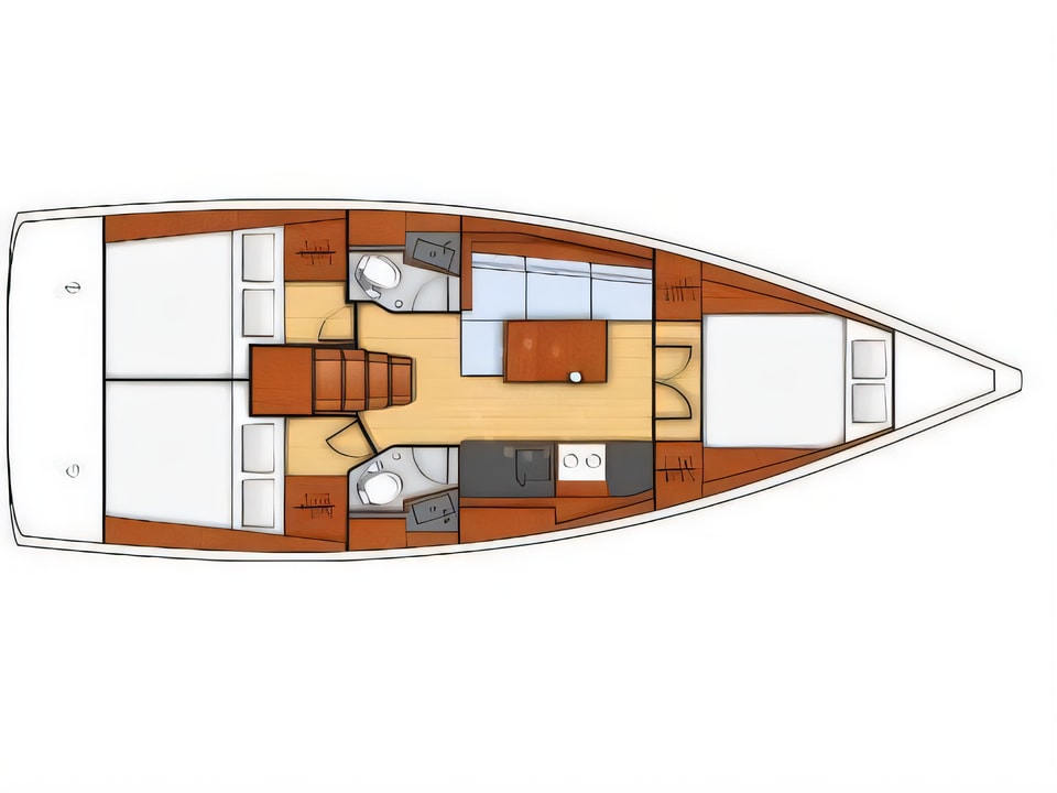 Layout of OCEANIS 38.1 BT sail boat with 3 cabins Croatia yacht charter