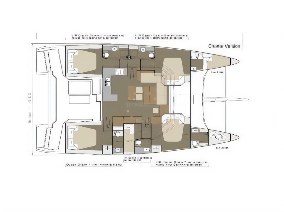 Layout of Dufour Catamaran 48 catamaran with 5 cabins Croatia yacht charter