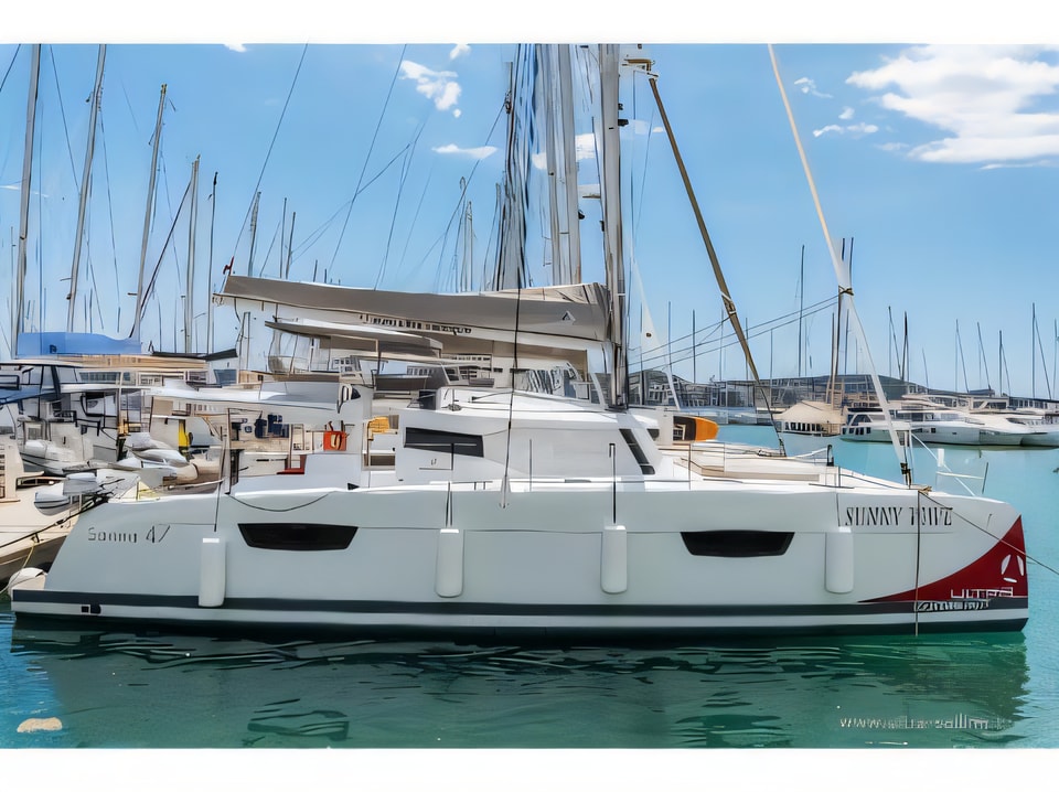 Exterior overview of Saona 47 quintet catamaran for charter from Seget Donji Marina Baotic in the Split sailing area Croatia