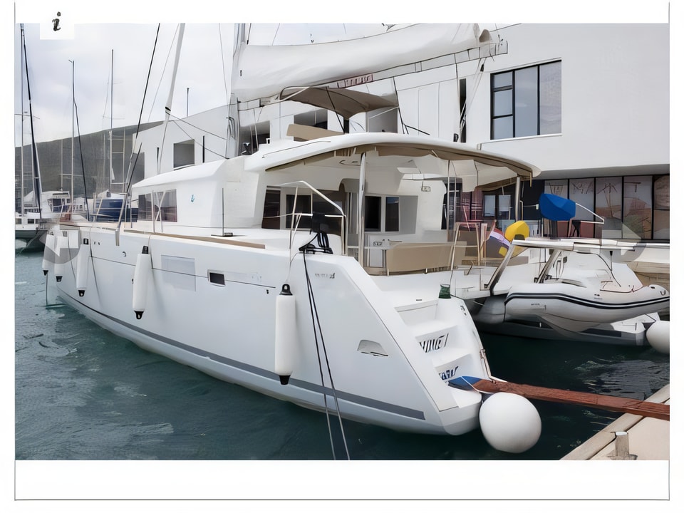 Exterior overview of Lagoon 450 Fly catamaran for charter from Seget Donji Marina Baotic in the Split sailing area Croatia