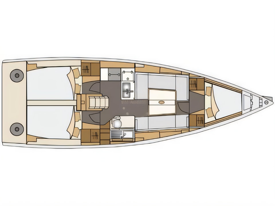 Layout of Elan E4 sail boat with 3 cabins Croatia yacht charter