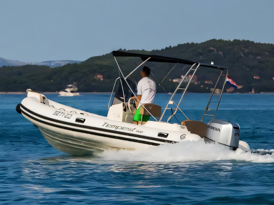 Exterior overview of TEMPEST 600 + Honda 115 motor boat for charter from Zadar Marina in the Kornati sailing area Croatia