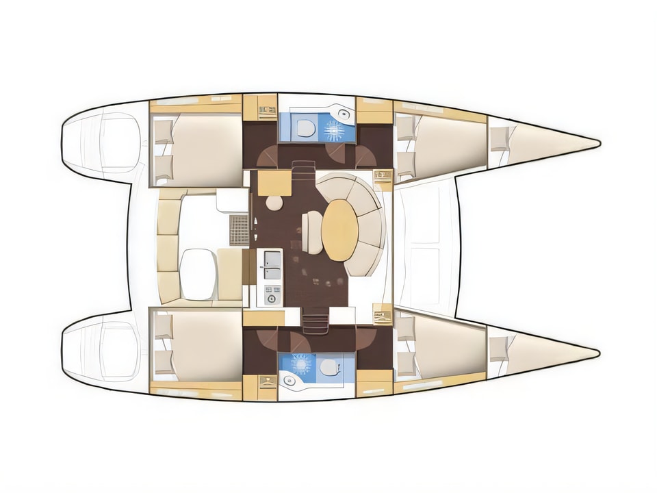 Layout of Lagoon 380 S2 catamaran with 4 cabins Croatia yacht charter