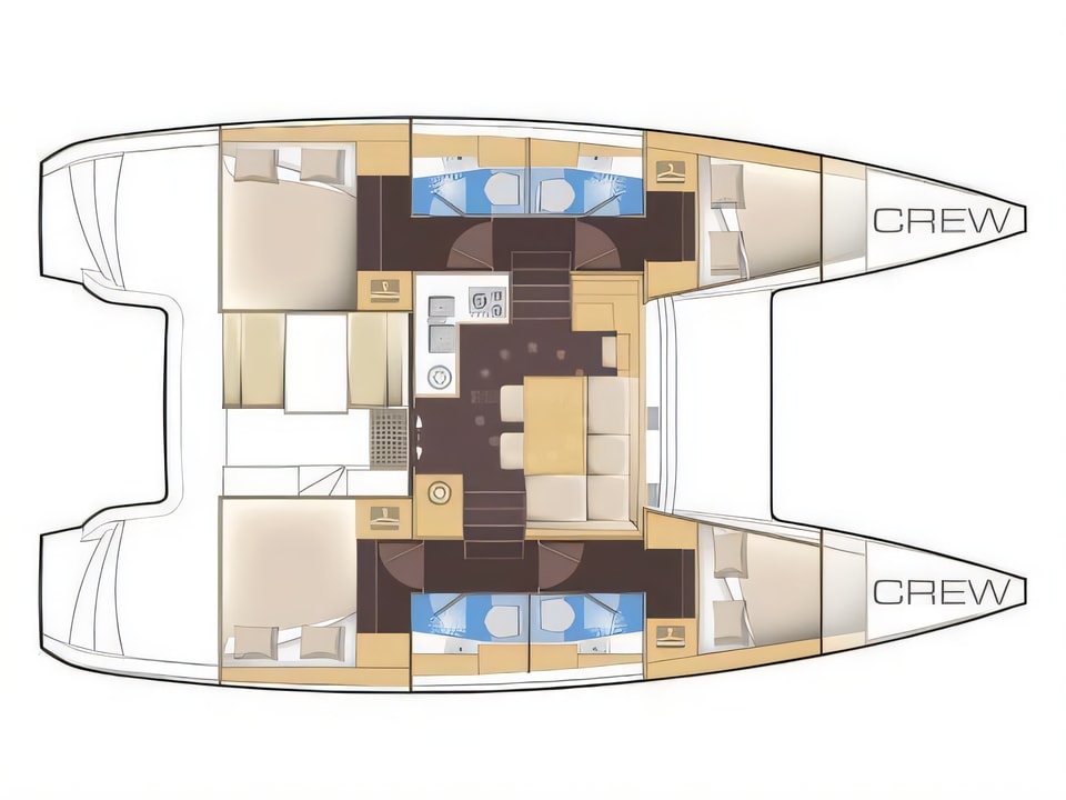 Layout of Lagoon 39 catamaran with 6 cabins Croatia yacht charter