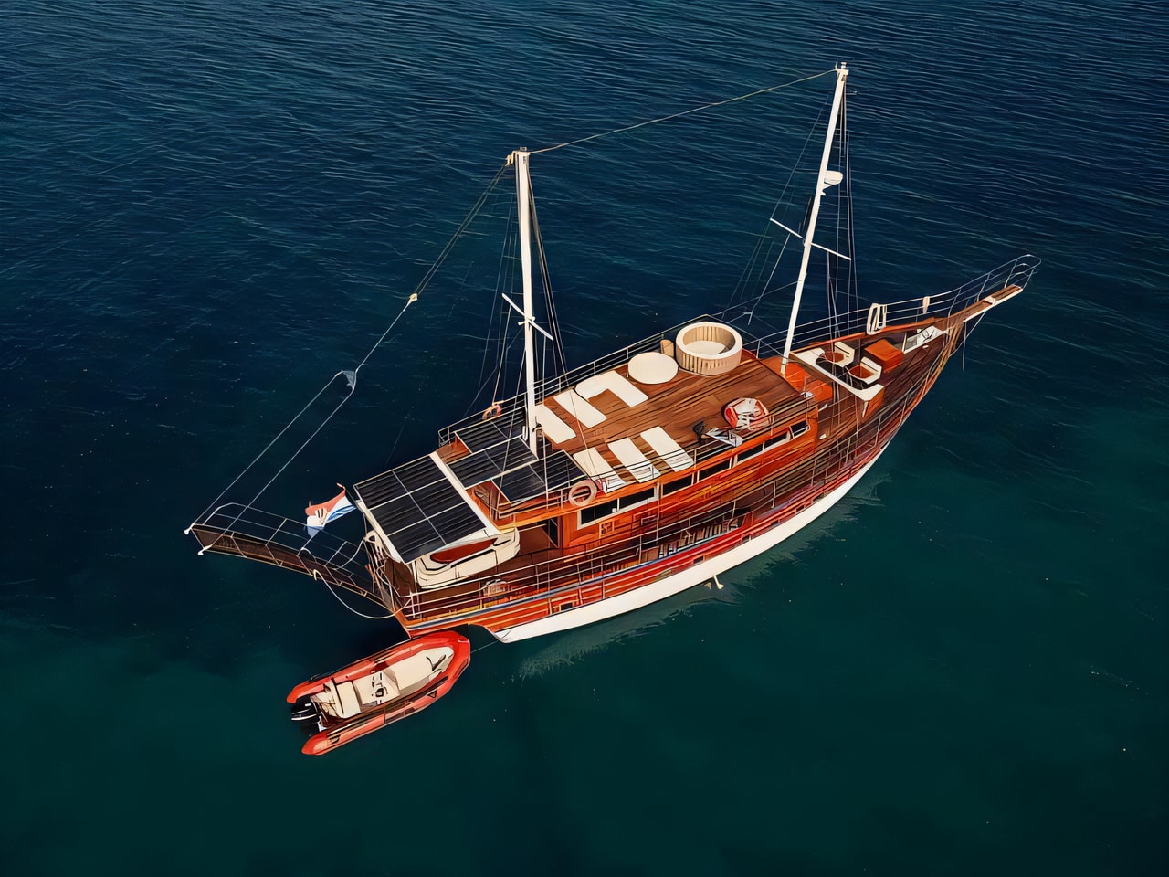Exterior overview of Gulet Trebenna gulet or cruiser for charter from Omis City Port in the Split sailing area Croatia