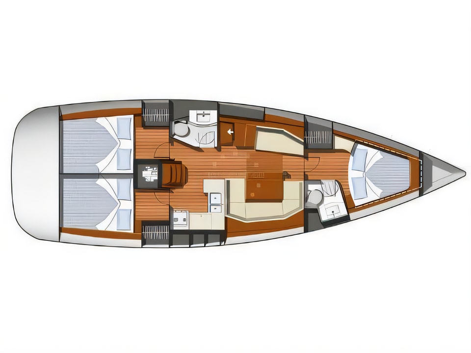 Layout of Sun Odyssey 42i sail boat with 3 cabins Croatia yacht charter