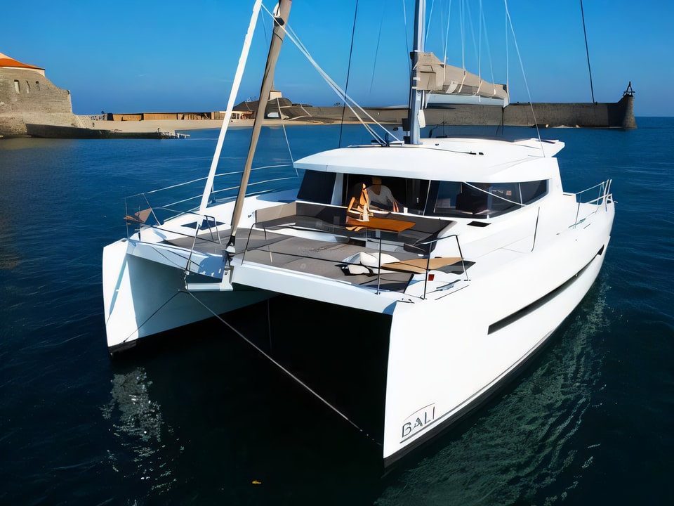 Exterior overview of Bali 4.5 catamaran for charter from Rogoznica Marina Frapa in the Sibenik sailing area Croatia