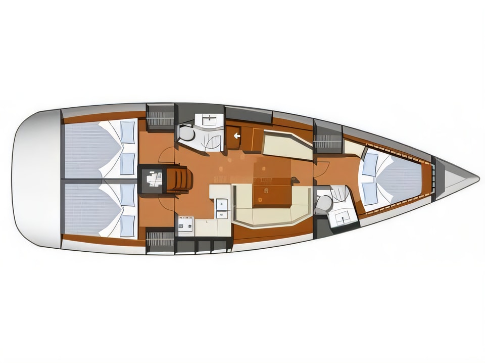 Layout of Sun Odyssey 42i sail boat with 3 cabins Croatia yacht charter