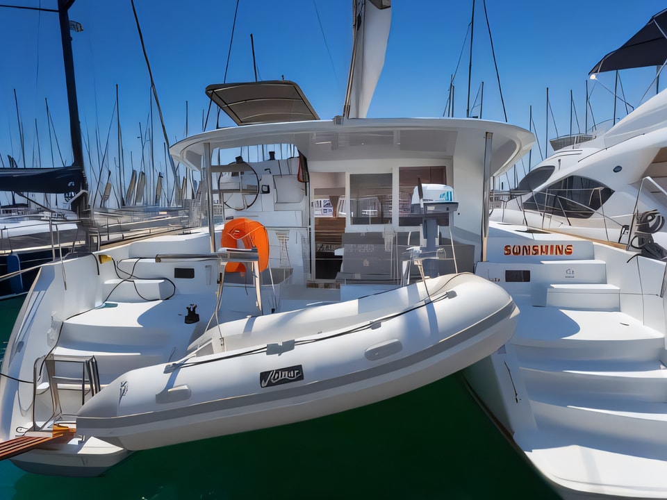 Exterior overview of Lagoon 400 S2 catamaran for charter from Split ACI Marina in the Split sailing area Croatia