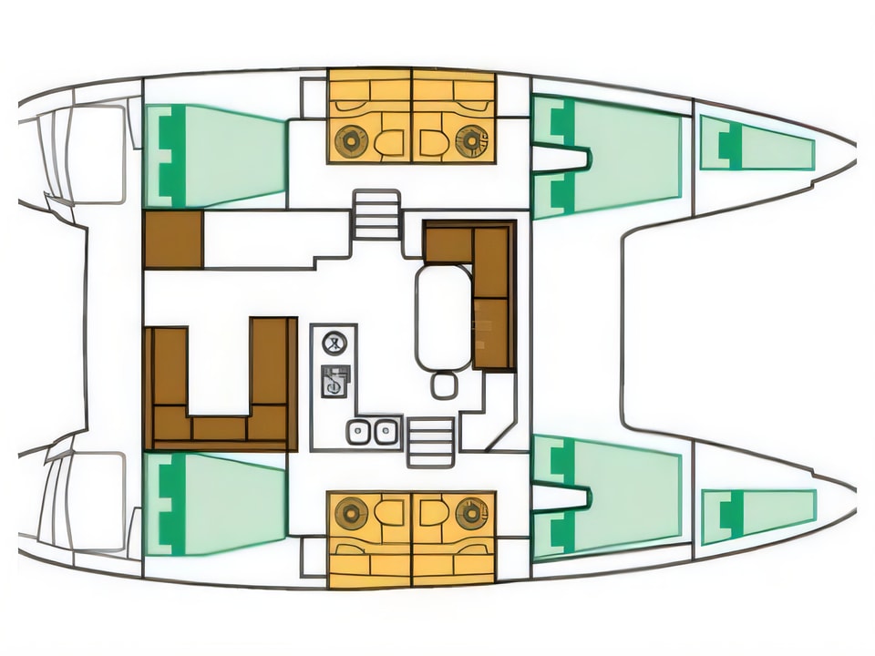 Layout of Lagoon 400 S2 catamaran with 4 cabins Croatia yacht charter