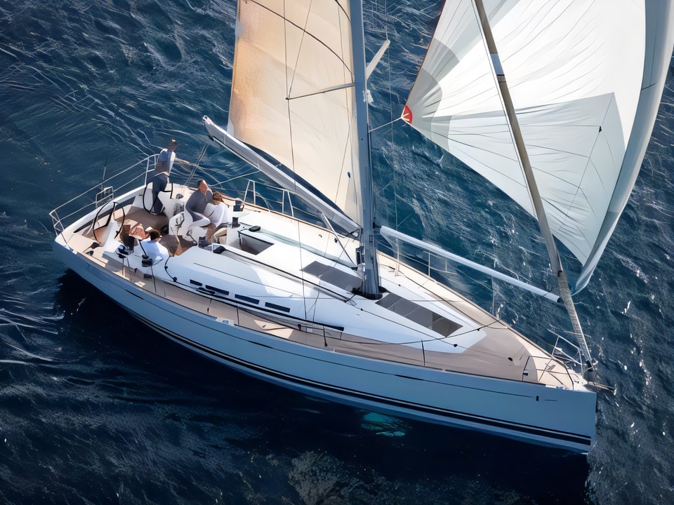 Exterior overview of Beneteau First 45 sail boat for charter from Kastela Gomilica Marina in the Sibenik sailing area Croatia