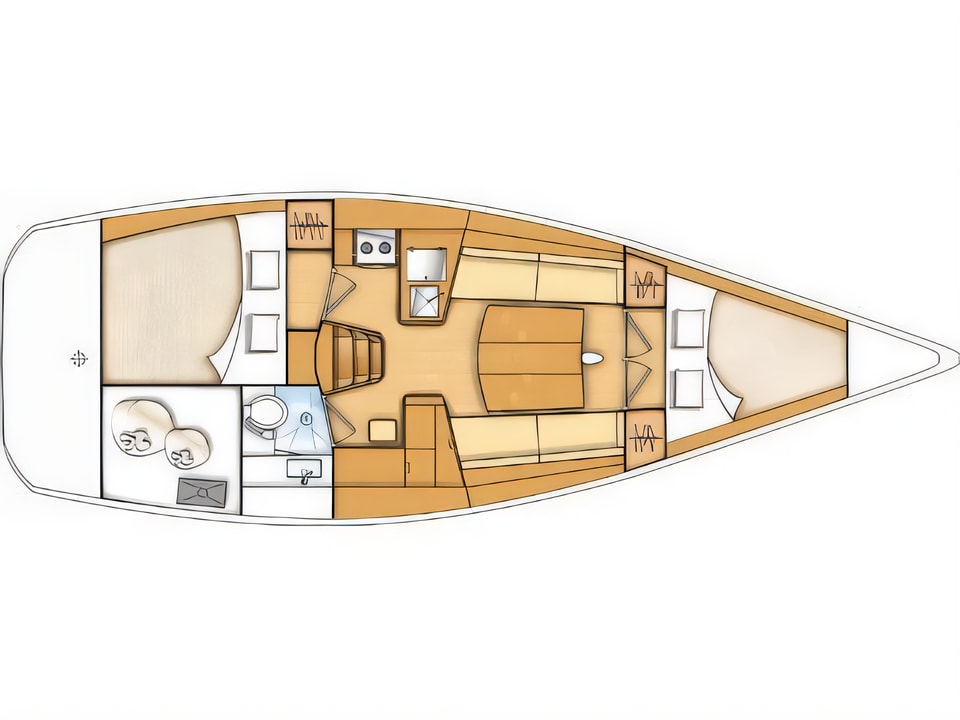 Layout of Beneteau First 35 sail boat with 2 cabins Croatia yacht charter