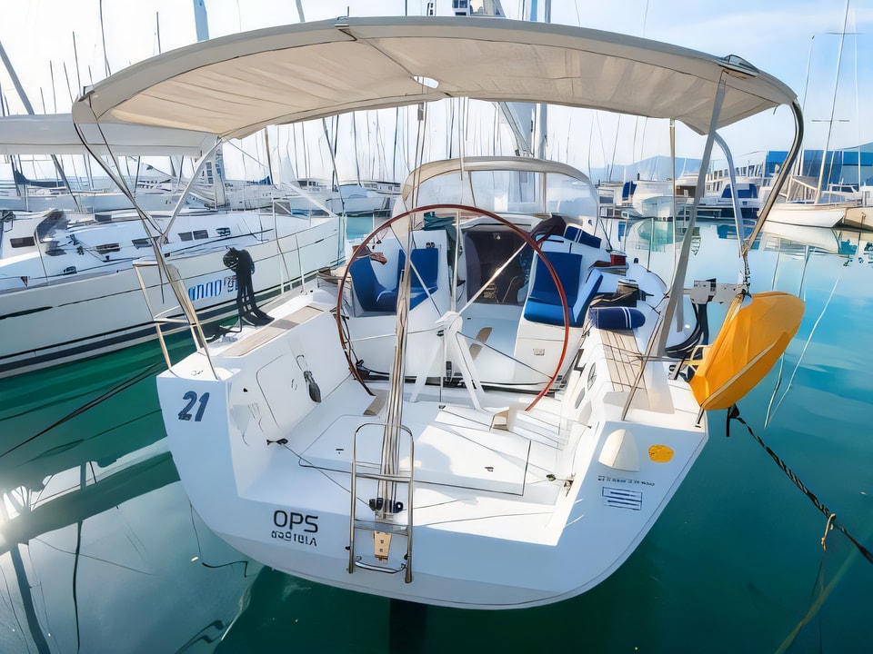 Exterior overview of Beneteau First 35 sail boat for charter from Kastela Gomilica Marina in the Sibenik sailing area Croatia