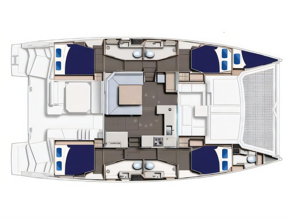 Layout of Moorings 4500 catamaran with 5 cabins Croatia yacht charter