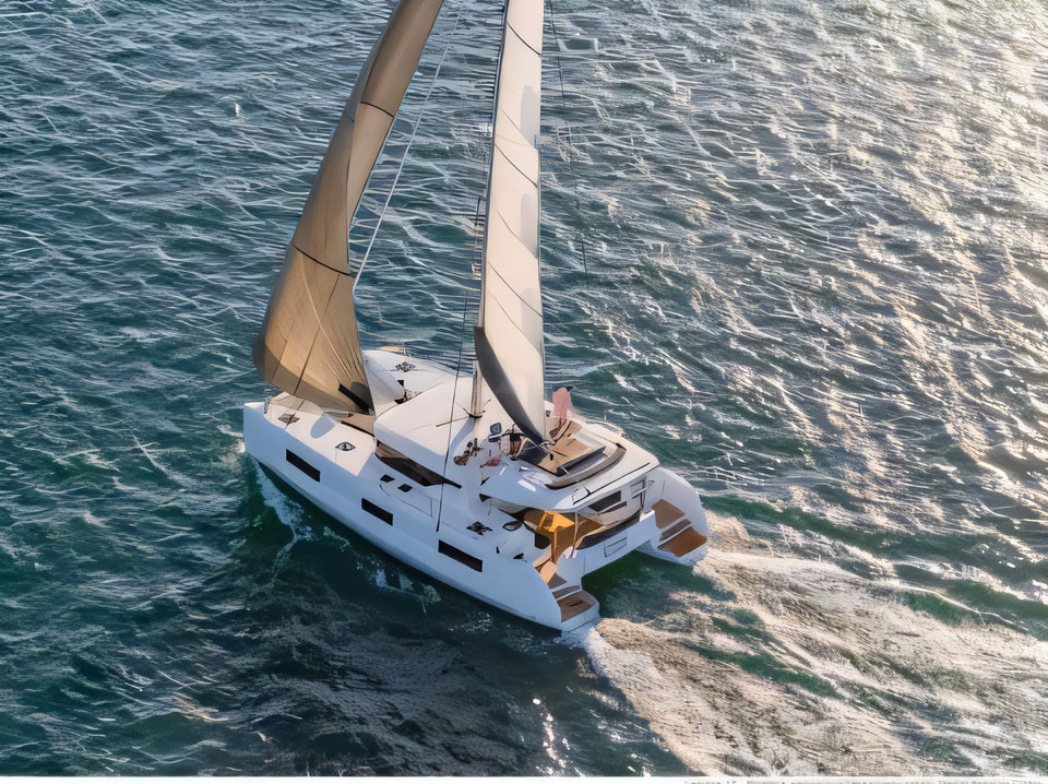 Exterior overview of Lagoon 46 Fly catamaran for charter from Trogir ACI Marina in the Split sailing area Croatia