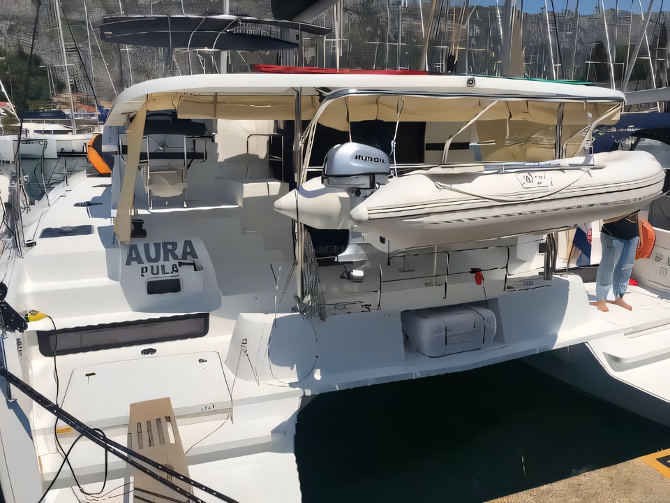 Exterior overview of Lagoon 42 catamaran for charter from Kastela Gomilica Marina in the Sibenik sailing area Croatia