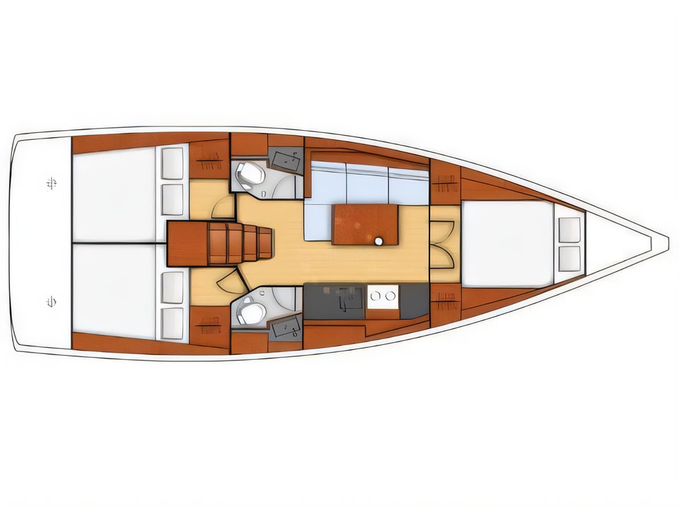 Layout of Oceanis 38.1 sail boat with 3 cabins Croatia yacht charter