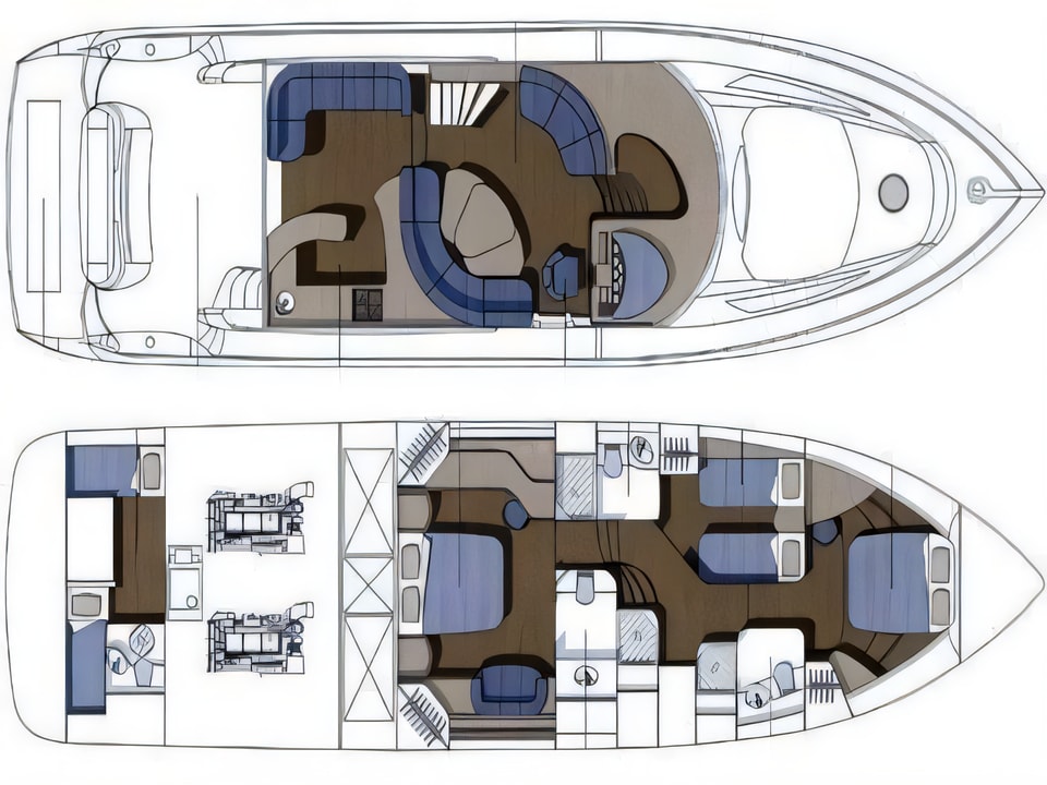 Layout of Sunseeker 64 motor boat with 3 cabins Croatia yacht charter